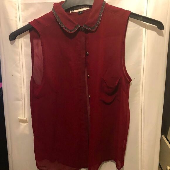 HEARTS AND BOWS WOMENS RED SHEER COLLARED SLEEVELESS TOP WITH POCKET SIZE 6 - Picture 1 of 4